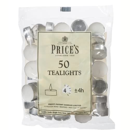 Image of Prices Patent Candles White Tealights Bag, Pack of 50, Wax, l x 3.8cm w x 1.8cm h, Unscented
