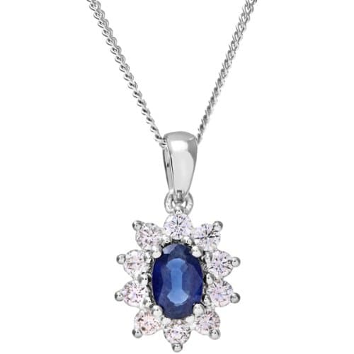 Image of Naava Women's 18 ct White Gold Cluster Pendant + Chain, Diamond and Sapphire, Round Brilliant, 0.33ct