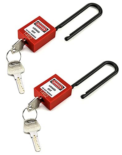 Image of QWORK® Lockout Tagout Locks, Safety Padlock, 2 Padlocks with 4 Keys, 3" Extended Nylon Non-Conductive Lock Handle, Red