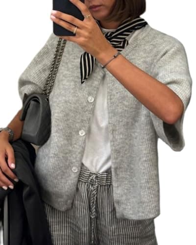 Image of Acrawnni Women Y2k Crop Knit Cardigan Button Down Short Sleeve Ribbed Knitted Crop Top Sweater Knit Tops Outwear Streewear (A-Gray, S)