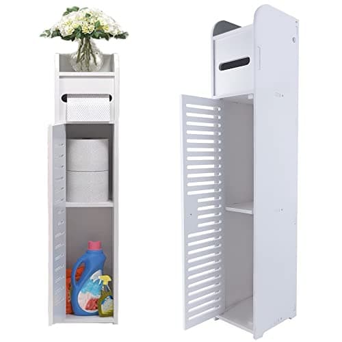 Image of Qimu Floor Cabinet,Waterproof FreeStanding White Slim Bathroom Storage Unit with Daily Use Layer and 1 Cupboard Door,Multi-purpose for Store Toilet Paper,Shampoo,W6.3''x D6.3''xH32''