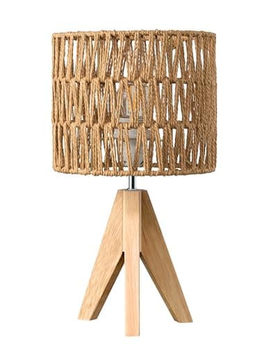 Image of EDISHINE Small Rattan Table Lamp, Rustic Wood Tripod Bedside Lamp, Reticulated Paper Lampshade, Boho Desk Lamp for Living Room, Bedroom, Office, LED Bulb Included, E27 Base