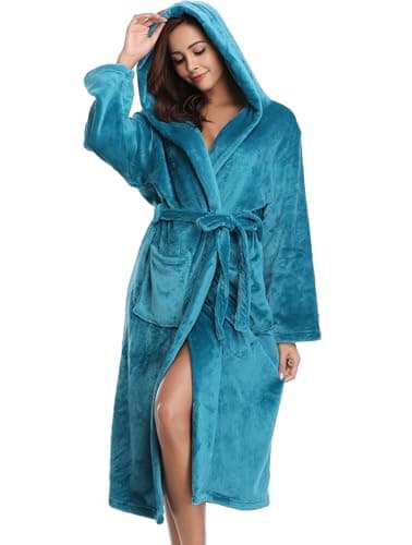 Image of Vlazom Dressing Gown, Flannel Soft Bathrobe Cosy Robes Fluffy Winter Hooded Housecoat for Women/Men, Peacock Blue-with Hooded, 43813