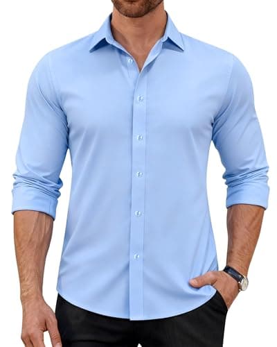 Image of J.VER Mens Blue Shirt Long Sleeve Dress Formal 4-Way Stretch Non Iron Business Wedding Work Smart Casual Button Down Shirts XL
