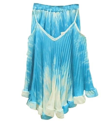Image of FASHIONISM Womens Strappy Flared Pleated Tie Dye Cami Top and Frill Shorts Co ord 2Pcs Set Ladies Loungewear Tracksuit (Sky Blue UK 12-14)