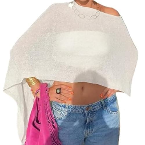 Image of BABWWNIX Y2K Sheer Knit Poncho Tops for Women Lightweight Summer Beach Shrug Shawl Bolero Off Shoulder Mesh Sweater Cover Up (White, ONE SIZE)