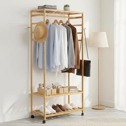 Image of unho Bamboo Clothes Rail Open Wardrobe with Shelves, Rolling Clothing Rack with Hooks & Large Storage, Natural
