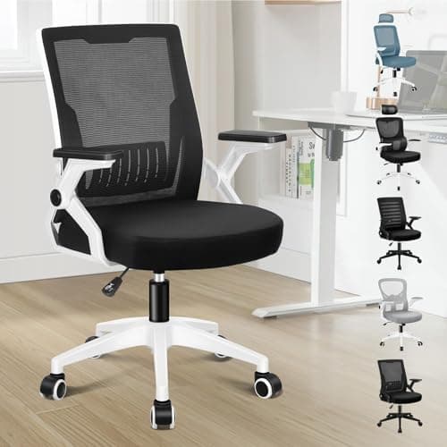 Image of ELFORDSON Ergonomic Office Chair, Mid-back Desk Chairs for Home Office, Height Adjustable Swivel Mesh Computer Chair with Flip-up Armrests and Lumbar Support, Black & White