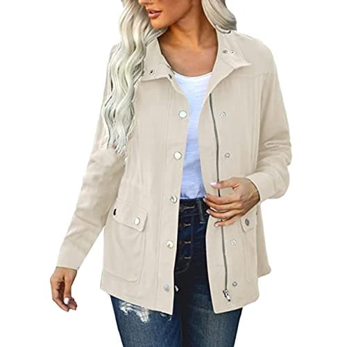 Image of Women's Jackets Lightweight Cotton Jackets Zip Up Utility Jacket, Casual Work Windproof Outerwear with Multiple Pockets for Spring