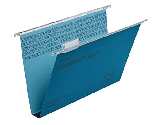 Image of Rexel Foolscap Suspension Files with Tabs and Inserts for Filing Cabinets, 30 mm base, 100 Percent Recycled Manilla, Blue, Crystalfile Classic, Pack of 50, 70625