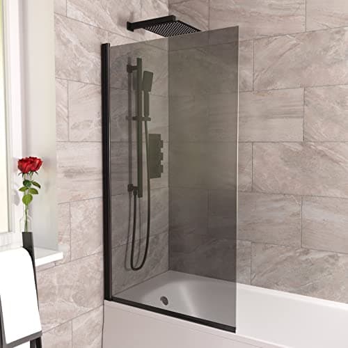 Image of 800mm Square Bath Screen Matt Black Profile Grey Tinted Glass Reversible | Sky