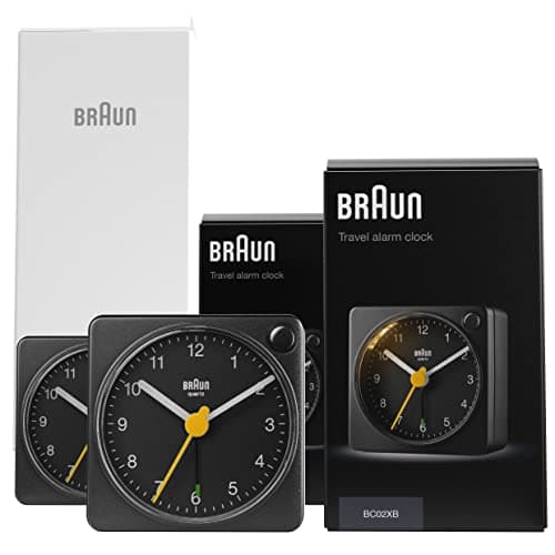 Image of Braun Classic Travel Analogue Alarm Clock with Snooze and Light, Compact Size, Quiet Quartz Movement, Crescendo Beep Alarm in Black, model BC02XB (2 Pack)