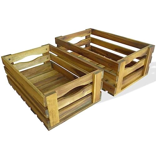 Image of vidaXL Set of 2 Apple Crates - Solid Acacia Wood Planters/Wine Boxes - Weather- with Light Oil Finish - Stackable for Space Saving - ic Rectangular Brown Planter Boxes