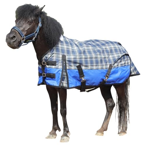 Image of 600D No Fill Waterproof Turnout Rug for Shetland Pony Section A Donkey and Miniature Horse (3'6", Blue Plaid)