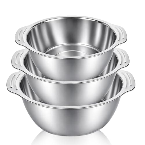 Image of Stainless Steel Mixing Bowls Set of 3 (1L/2.5L/4.5L), Nesting Kitchen Bowls with Wide Grip Handles & Non-Slip Base, Durable Metal Mixing Bowls for Baking, Cooking, Salad Food Prep, Dishwasher Safe