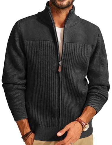 Image of PJ PAUL JONES Mens Knitted Cardigan Full Zip up Ribbed Stand Collar Warm Sweaters Winter Jacket S Grey