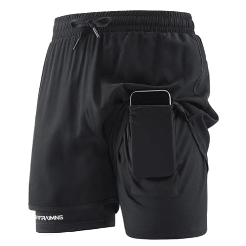 Image of LXEASYGO Men 2 in 1 Running Gym Shorts with Built-in Pockets Quick Drying Men's Workout Training Shorts (UK, Alpha, XXL, Regular, Regular, BlackA)