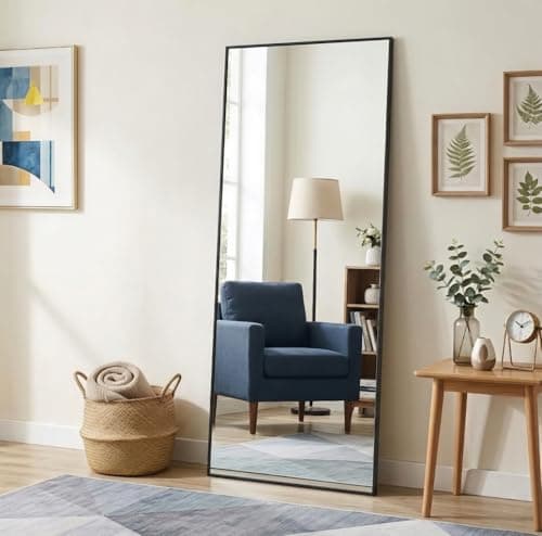 Image of KOCUUY Rectangle Full Length Mirror, 161 x 52 cm Wall Mirrors, Free Standing Mirror Full Body with Aluminum Alloy Frame, Suitable for Bedrooms, Hallway or Cloakroom, Black