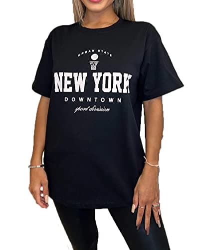 Image of GOSTYLES® Womens Oversized New York Printed T-Shirt, Ladies Long Casual Baggy Fit Tee with Round Neck Short Sleeves Summer Fashion Top (Black, XL)