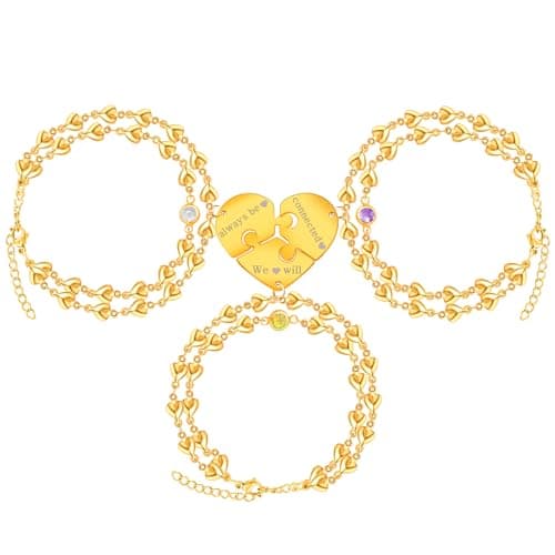 Image of Uloveido We Will Always be Connected Heart Puzzle Bracelets of 3 Gold Plated Stainless Steel Heart Chain Double Layers Bracelets for Women Long Distance Relationship Jewelry