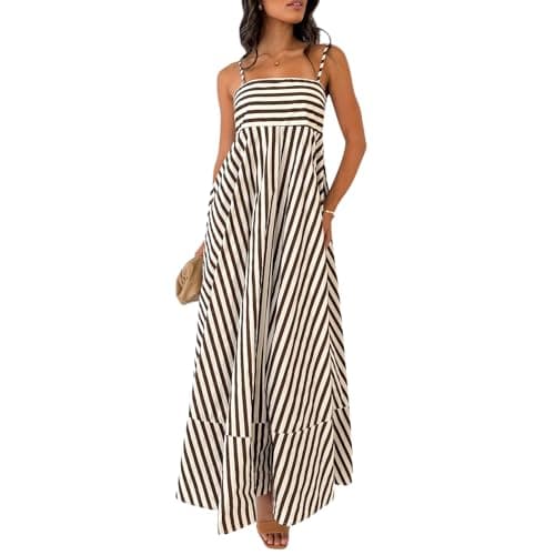 Image of YILEEGOO Women's Summer Striped Maxi Dress 2024 Sexy Spaghetti Strap Flowy Swing Long Dress Boho A Line Beach Sundresses (Swing Striped Brown, L)