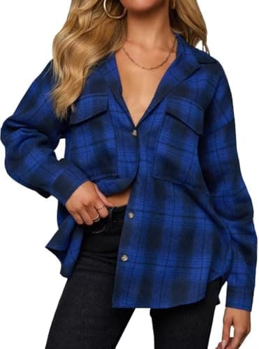 Image of LACOZY Flannel Shacket Jacket Women Plaid Shirt Button Down Long Sleeve Coat Tops Trendy 2024 Blue L