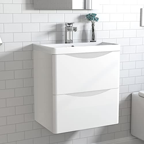 Image of Acezanble 500mm Bathroom Vanity Unit with Basin Gloss White Cloakroom Sink Unit Wall Hung Two Drawers