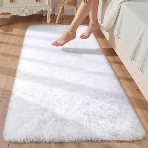Image of Sour Lemon Rugs Living Room 60x120cm, White Runner rug for Bedroom, Washable Anti Slip Fluffy Rug Shaggy Soft Modern Floor Carpets Mat Beside Rugs for Kids Hallway Living Room
