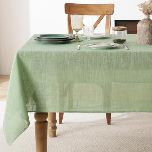 Image of FIBORIA Faux Linen Table Cloth Rectangular 140 x 240 cm Sage Green Wipe Clean Water Resiatant Tablecloth Stain Resistant Table Cover for Tabletop Decoration Birthday Party Banquet Outdoor,55x94 inch