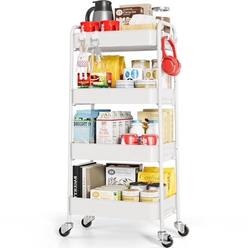 Image of KINGRACK 4 Tier Metal Storage Trolley on Wheels, Beauty Book Craft Tea Art Trolley for Home Bathroom Kitchen Laundry, No screws needed Easy Rolling Utility Cart Mobile Storage Shelving Organizer