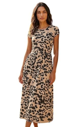 Image of Roman Midi Dress with Pockets for Women UK Ladies Stretchy Jersey Maxi Long Short Sleeve Elasticated Gathered High Waist Boho Flattering Skater Swing Fit Flare - Abstract Stone Black - Size 14