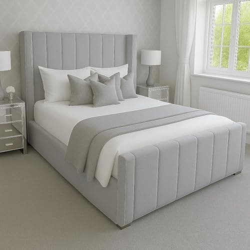 Image of Innovative Luxury Chesterfield Wiinged Bed Frame - Upholstered in Plush Velvet with Mattress/Gas Lift Options - UK Made (Grey Plush, Double 4ft6 Bed Frame)