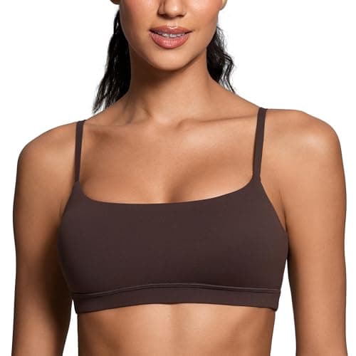 Image of CRZ YOGA Butterluxe Women's Adjustable Straps Sports Bra Padded Scoop Neck Yoga Bras Wireless Workout Crop Top Hot Fudge Brown 12