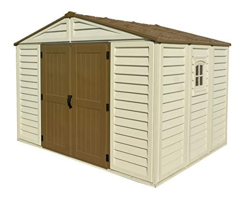Image of Duramax WoodBridge Plus 10.5 x 8 (8.02 m2) Plastic Garden Shed with 1 Fixed Window & Metal Foundation Kit, Strong Metal Roof Structure Fire Retardant and Maintenance-Free Storage Shed - Ivory/Brown