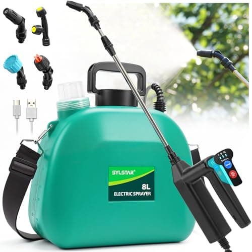 Image of SYLSTAR Battery Powered Garden Sprayer 8L, 2026 Electric Weed Sprayer with 3 Adjustable Spray Power, Battery Indicator, 4 Spray Nozzles,7.4V USB Rechargeable Handle&Telescopic Wand for Lawn&Garden