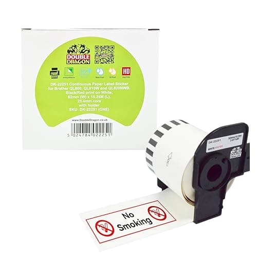 Image of Double Dragon DK-22251 Continuous Labels Roll, 62mm(W) x 15.24m(L) | Red & Black Print on White | Compatible with Brother P-Touch QL-800, QL-810W, QL-820NWB | Comes with Holder