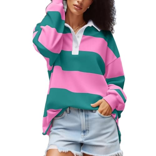 Image of Amiblvowa Rugby Shirt Women Striped Collared Long Sleeve Polo Shirts Oversized Color Block Sweatshirt Vintage Pullover Top, Green Pink, XL