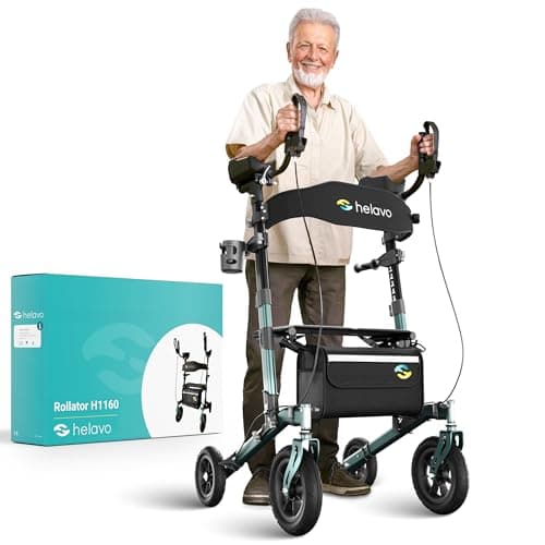Image of Helavo All Terrain Upright Walker with Flat-Free Solid Rubber Tires - Outdoor Stand Up Walker for Seniors - Tall Standing Rollator with Seat
