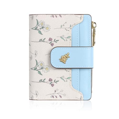 Image of Winsegom Small Purse for Women, Credit Card Holder Wallet, Flower Ladies Wallet for Cards and Cash, Green PU Leather with ID Window and Zipper Coin Pocket for Daily Use