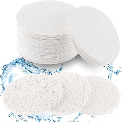 Image of 60Pcs Facial Sponges Compressed Face Sponges Cleansing 100％ Natural Wood Pulp Cotton Face Exfoliator Pad Sponge Face Cleansing Pads for Daily Skin Care Deep Cleaning Makeup Removal (White)