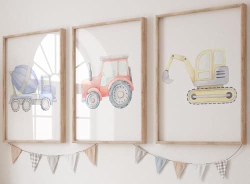 Image of Construction Vehicles Set of 3 Unframed Poster Prints for Boy Girl Nursery Bedroom, Watercolour Design, Wall Art Transport Decor, Tractor Digger Cement Mixer, Blue Red Yellow (A3)
