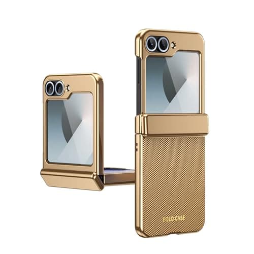 Image of HUOLUNGJIN Compatible with Samsung Galaxy Z Flip 5 5G Case with Tempered Glass Screen Protector, Slim PU Leather Cover with Full Protection & Premium Feel Cover for Z Flip 5 (Gold)