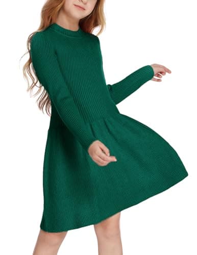 Image of Arshiner Girls Knitted Dress Long Sleeve Kids Autumn Winter Dresses Long Sleeve Pullover Dresses A-line Children's plian Basic Festive Chrismas Dress Green 140