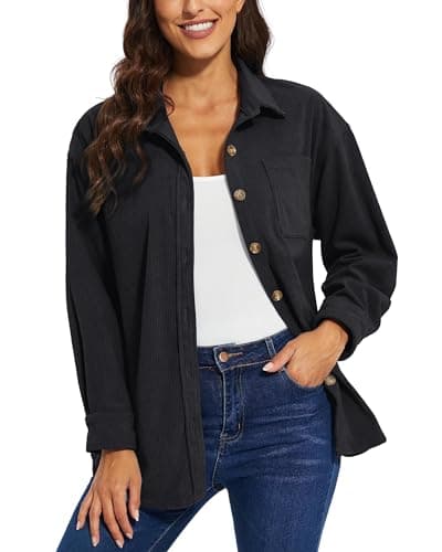 Image of TACVASEN Womens Casual Shackets Button Down Shirts Corduroy Fashion Spring Jackets Fashion Long Sleeve Fit Coat Black,L