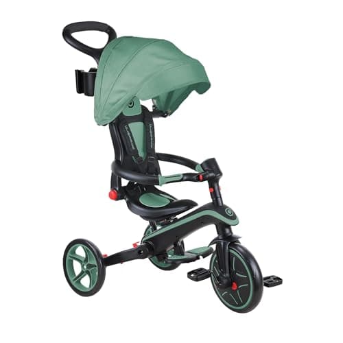 Image of Globber Foldable Explorer Trike and Balance Bike 4 in 1 with Adjustable Canopy - Parental Steering Handle - Cup and Phone Holder - Safety Harness - 10 Months to 5 Years - 2 Year Warranty (Olive)