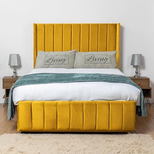 Image of Living Comfort Bedz – Arizona Divan Bed – Plush Velvet Headboard & Footboard – Footend Two Draws Bed – Elegant & Luxury Bed (Mustard, Small Double – Without Mattress)