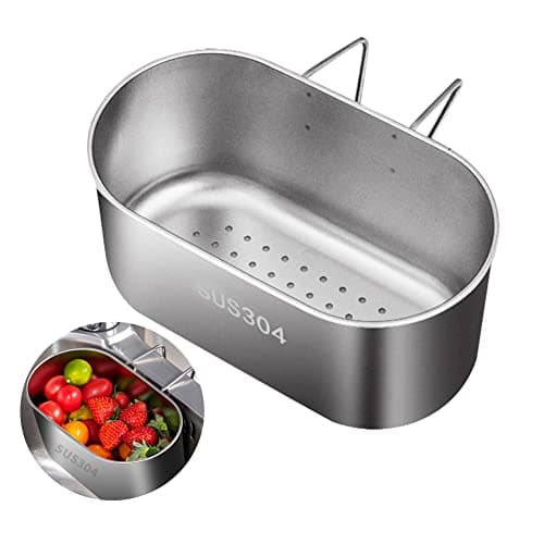 Image of Stainless Steel Colander Basket, Kitchen Sink Drain Basket Hanging Storage Rack Strainer for Vegetables, Fruits, Kitchen Waste(Sliver)