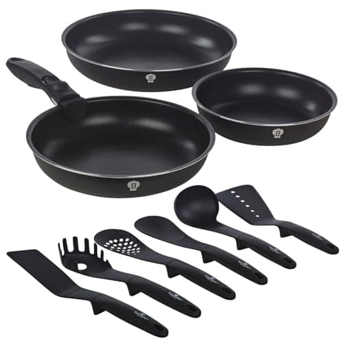 Image of Blaumann Aluminium Induction Space Saving Cookware Pots Frying Pan Set Detachable Handle with Kitchen Accessories 6 Tools (Black Matt, 4 Pc Frying Pan Set w/ 6 Tools)