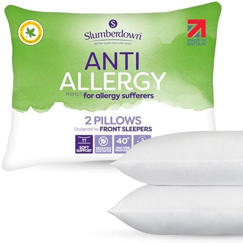 Image of Slumberdown Anti Allergy Pillows 2 Pack - Allergy UK Approved Front Sleeper Soft Pillows for Allergy Sufferers | Anti Bacterial Soft Touch Cover, UK-Made & Washable (48 x 74cm)