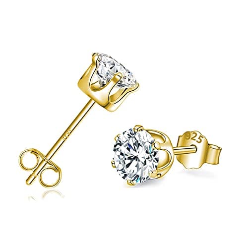 Image of Sterling Silver Stud Earrings for Women and Men, 18K Gold Cubic Zirconia Studs, Hypoallergenic 4mm Small Earrings for Girls and Children